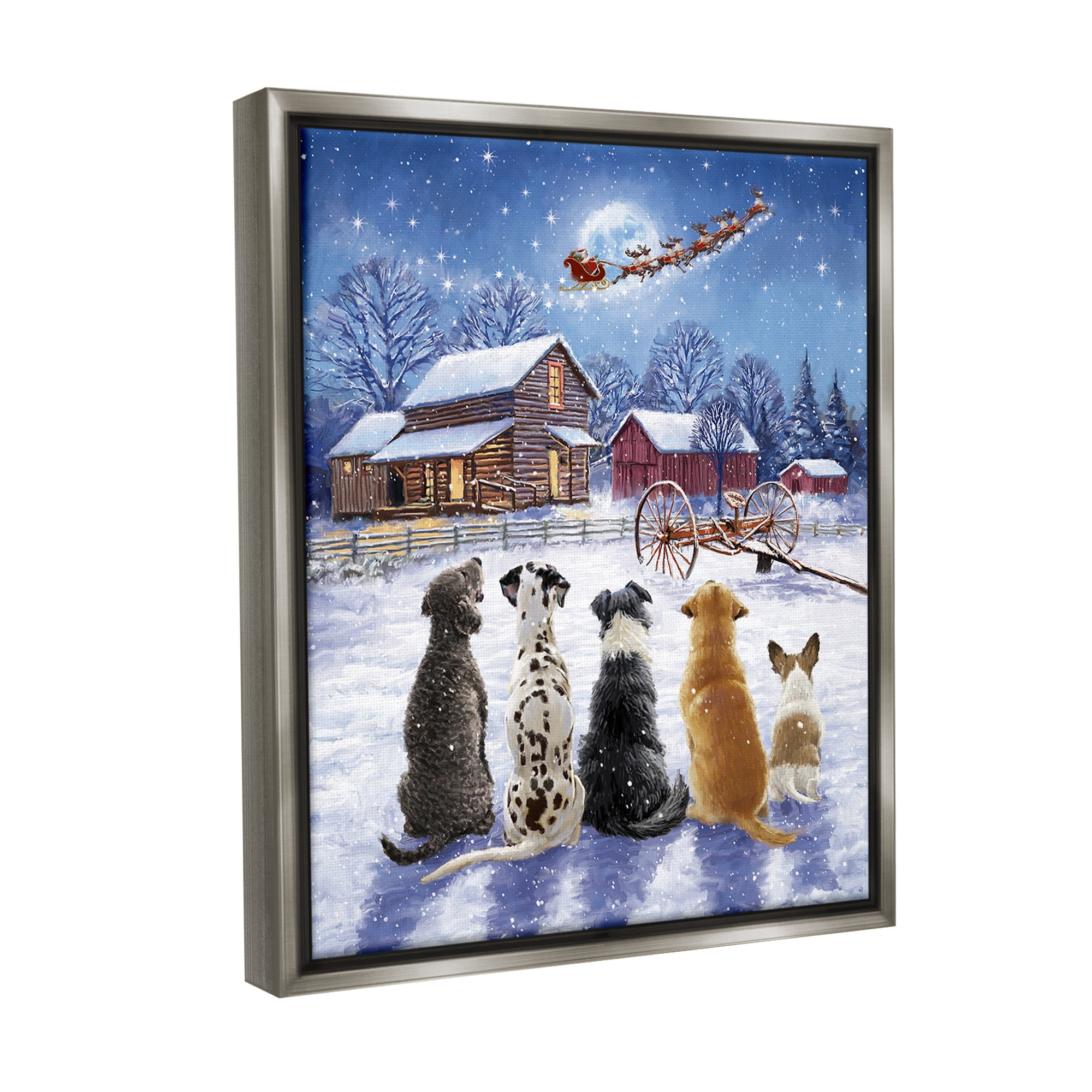 Stupell Industries Snowy Farm Dogs Holiday Painting Gray Floater Framed Canvas Art Print Wall Art, 25 x 31