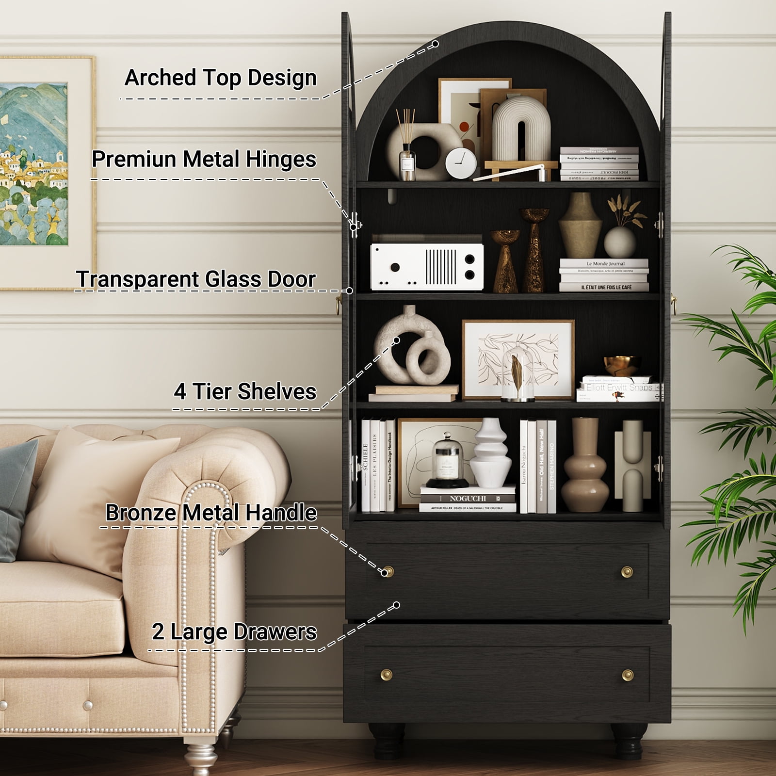IDEALSOUL Arched Kitchen Pantry Cabinet, 71" Tall Wood Storage Cabinet with 2 Glass Doors, 4 Shelves and 2 Drawers, Food Cabinet for Kitchen, Living Room, Bedroom(Black)