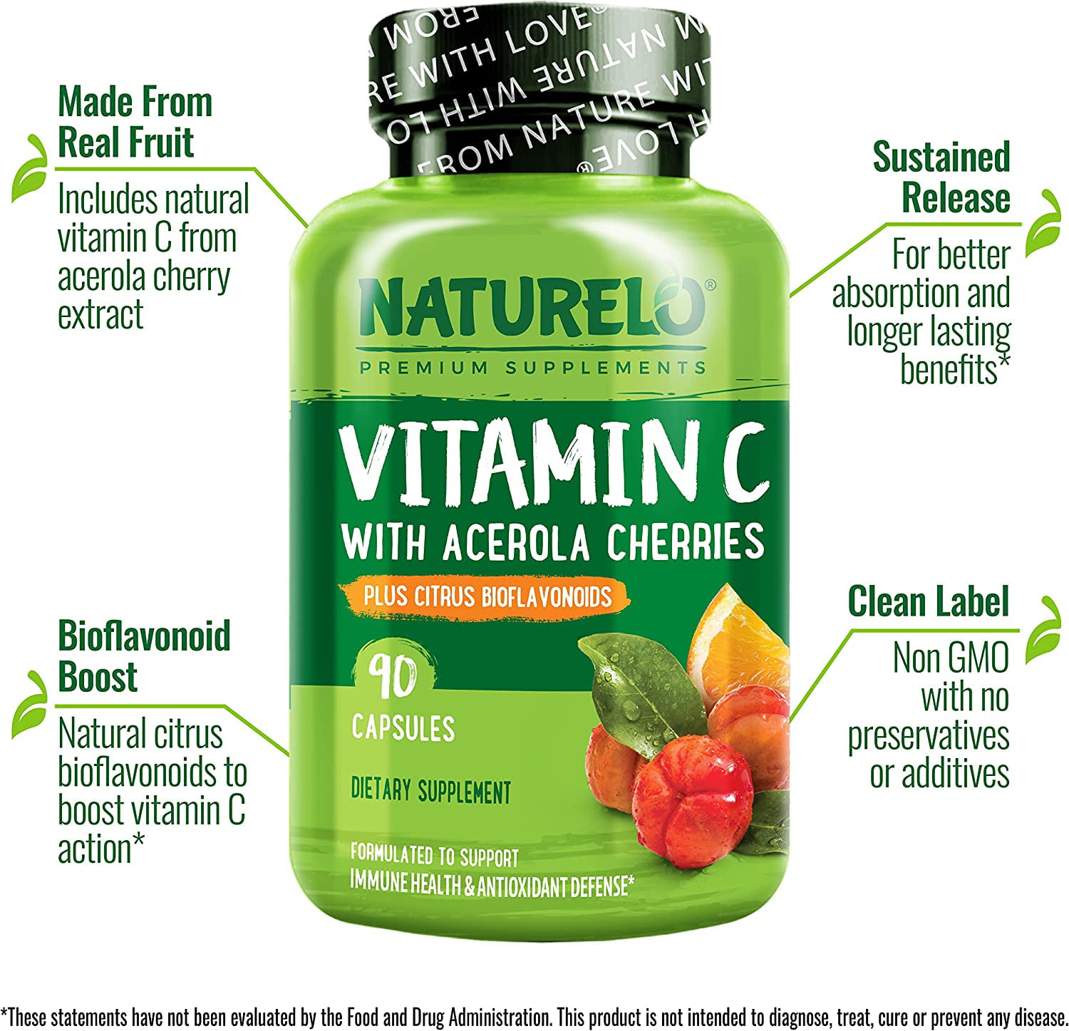 NATURELO Vitamin C with Organic Acerola Cherry Extract and Citrus  Bioflavonoids - Vegan Supplement - Immune Support - 500 mg VIT C per Cap -  Non-GMO - 90 Capsules 