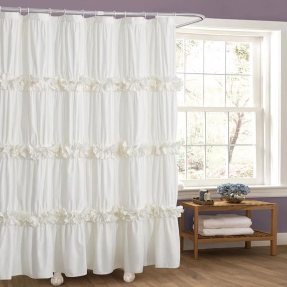 Shabby Elegance Ruffle Butterfly Floral Shower Curtain, 72x72 Inches Waterproof Fabric Bath Curtain with 3D Flower Appliques for Bathroom Decor