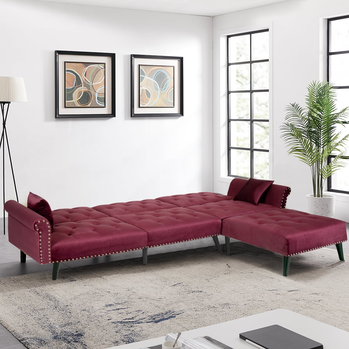 Kepooman L-Shaped Sectional Sofa, Wine Red Polyester, Convertible Sofa Bed with Solid Wood Legs, Futon Sofa Bed for Living Room, Sleeper Sofa Kepooman L-Shaped Sectional Sofa, Wine Red Polyester, Convertible Sofa Bed with Solid Wood Legs, Futon Sofa Bed for Living Room, Sleeper Sofa