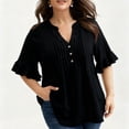 thumbnail image 2 of YUGYXL Women's Loose Fit Plus Size Tops Ruffle 1/4 Sleeve Blouse V Neck Pleated Front Button Down Shirts Casual Tunic Black L, 2 of 5