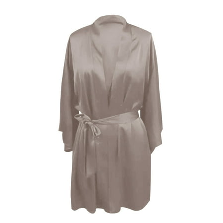 Bcresic Women s Sexy Lingerie Satin Robe Lace Chemise Long Sleeve Nightgowns Plain Sleepwear Comfy Loungewear Lapel Nightwear for Ladies Clearance Saving Gray Medium