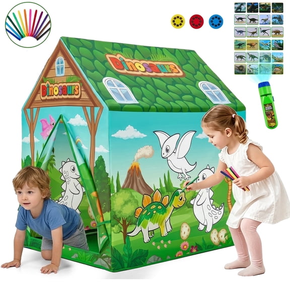 Zacro Dinosaur Play Tent for Kids, Indoor Outdoor Playhouse with Projector Flashlight & Drawing Pen, Foldable Tent Games Party Toy for Toddler Boys & Girls