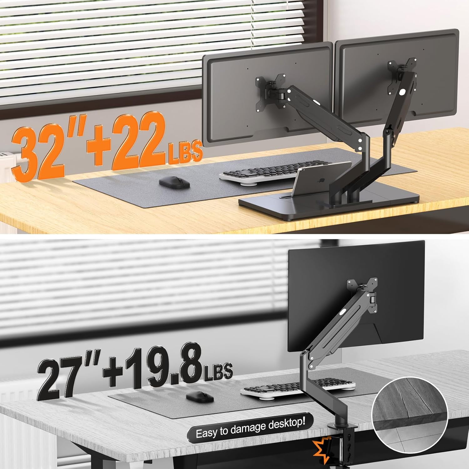 Adjustable Dual Monitor Arms with Gas Spring for 17-32 inch Screens,Pneumatic Dual VESA Monitor Mount with Base,Freestanding Full Motion Dual Monitor Desk Stand Holds  to 22 lbs Each.