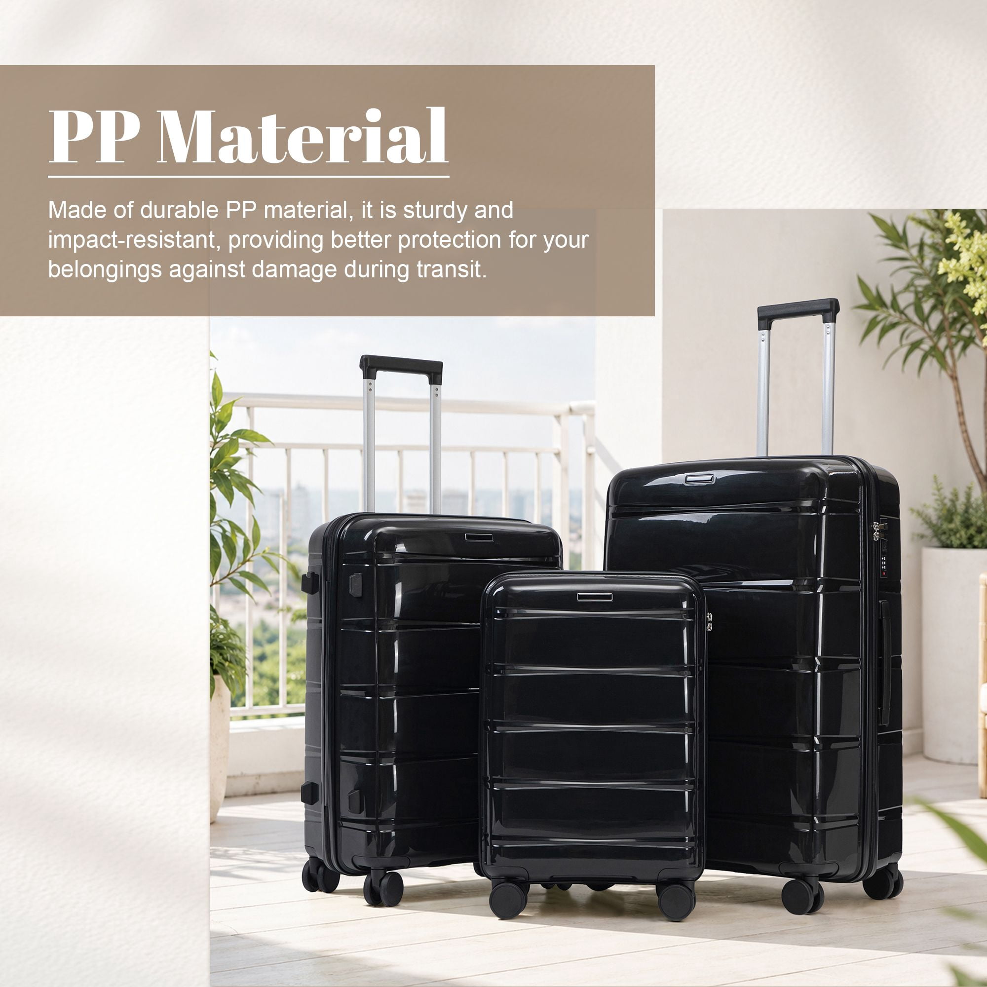 Alvantor 3 Piece Hardshell Luggage Set PP Hardside Suitcase with Iron Telescopic Handle Side Hook 20"24"28"(Black)