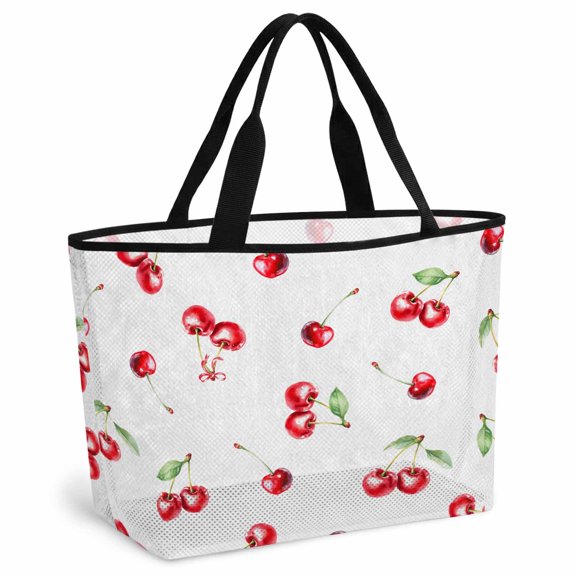 Cherry Rustic Beach Bag for Women, Large Breathable Mesh Beach Tote Bag, Spring Summer Tropic Fruit Watercolor Sandproof Lightweight Travel Bags for Vacation Picnic Swimming Pool 15.7"x15.7"x9.1"