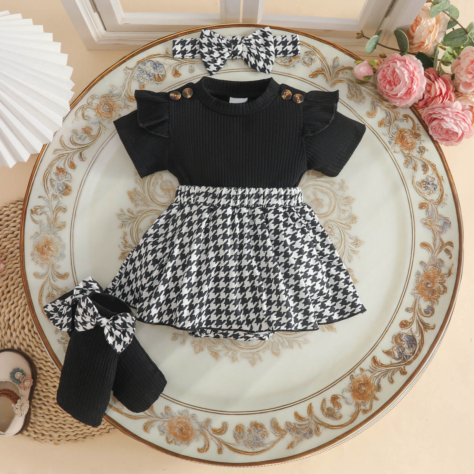 Faraee Newborn Baby Girl Clothes Smocked Bubble Romper Dress Socks Headband Cute Summer Infant Girls 3 Piece Outfits (0-3 Months,Black)