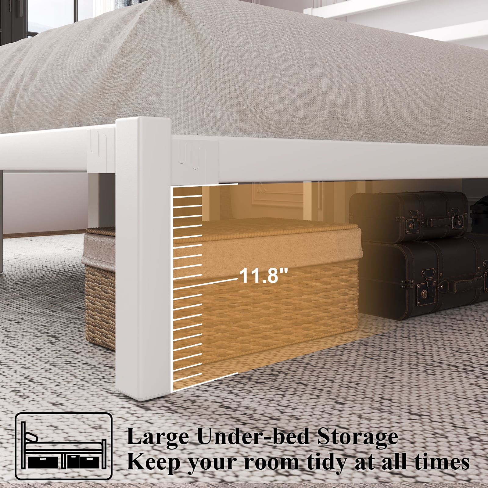 King Size Metal Platform Bed Frame with Headboard, Heavy Duty Steel Slat Support, Under-Bed Storage, No Box Spring Needed, White