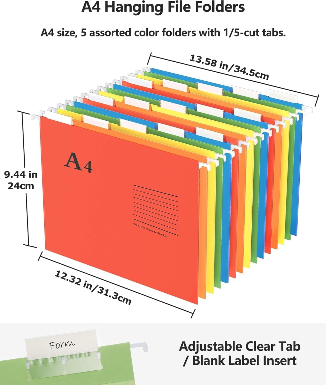 Oterri Hanging File Folders, A4 Size with 5 Elegant Colors to Choose, 1/5-Cut Adjustable Tab,15pcs Per Box