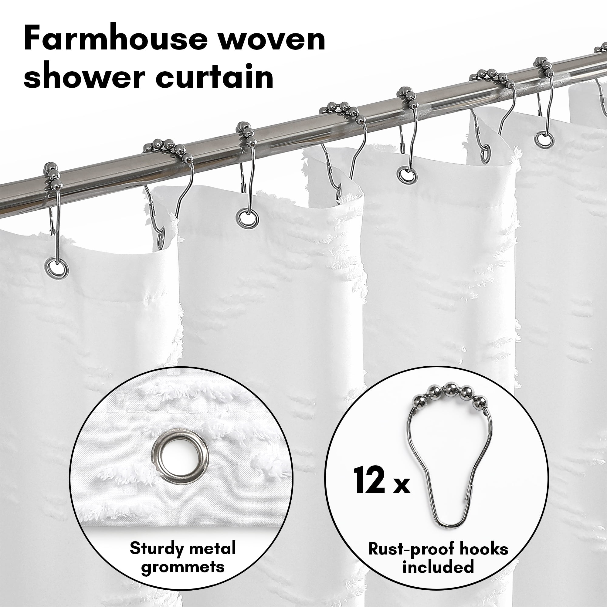 Americanflat 71x71 White Woven Shower Curtain with Tassel And Abstract Accents - Includes 12 Grommets and Hooks - 100% Polyester