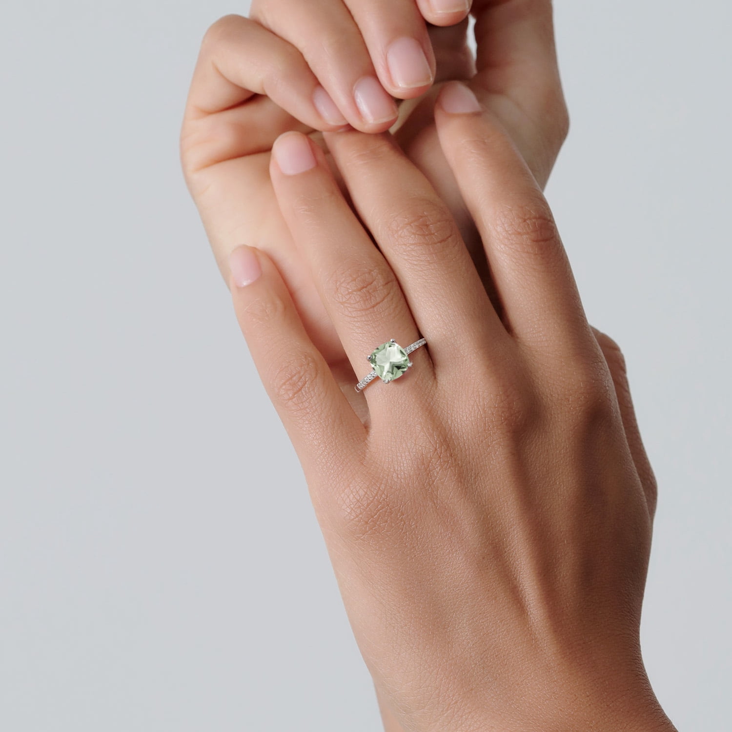 Gem Stone King 2.17 Cttw Green Prasiolite Engagement Ring for Women in 925 Sterling Silver | Cushion Cut 8MM | Gemstone Birthstone | Available in Size 5, 6, 7, 8, 9