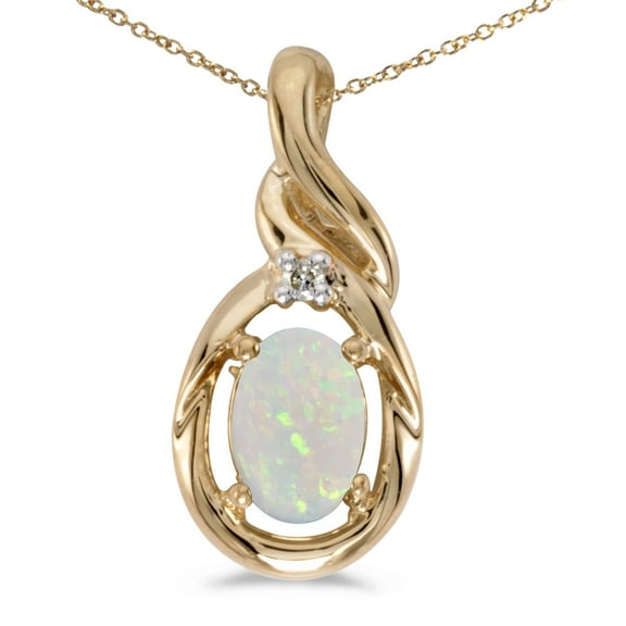 10k Yellow Gold Oval Opal And Diamond Pendant with 16" Chain