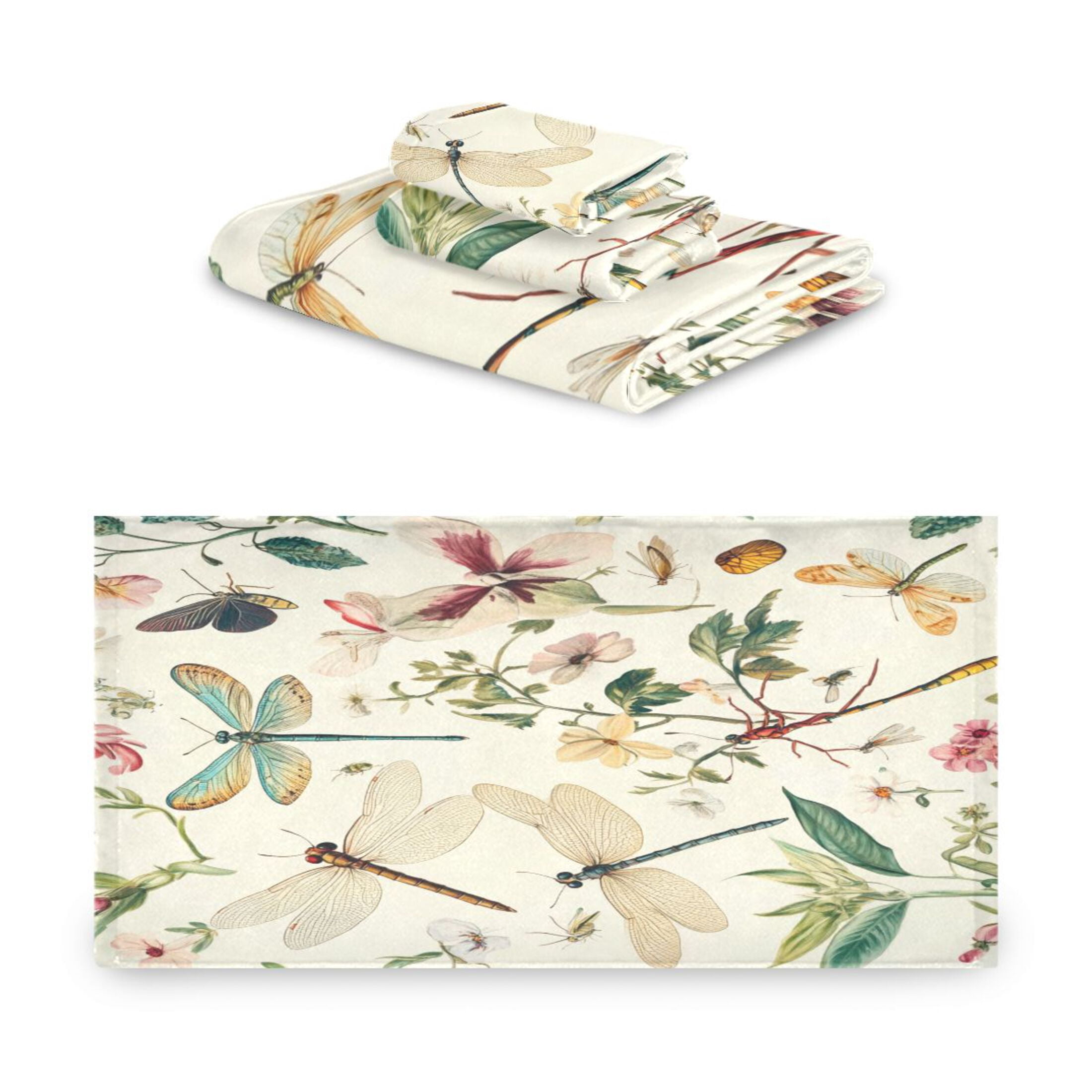 WOBOGO Dragonfly Print Painting Ultra Soft 3 Pack Cotton Towel Set Includes 60 x 30in Bath Towel 28 x 16in Face Towel and 13 x 13in Small Square Towel for Everyday Use Lightweight and Compact