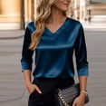 thumbnail image 6 of Women Silk Satin Tops Cap 3/4 Length Sleeve Blouse Summer V Neck Shirts Business Casual Outfits #01Blue S, 6 of 6