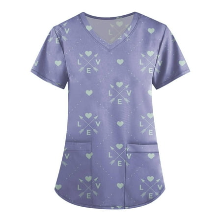 

Cakiesky Workwear Shirts Women Cool V-Neck Short Sleeve Working Uniform Light Purple XL