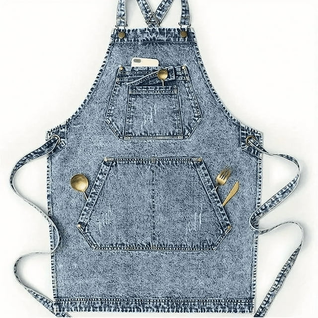 1pc Blue Denim Artist Work Apron With Pockets, Crossover Straps And Adjustable