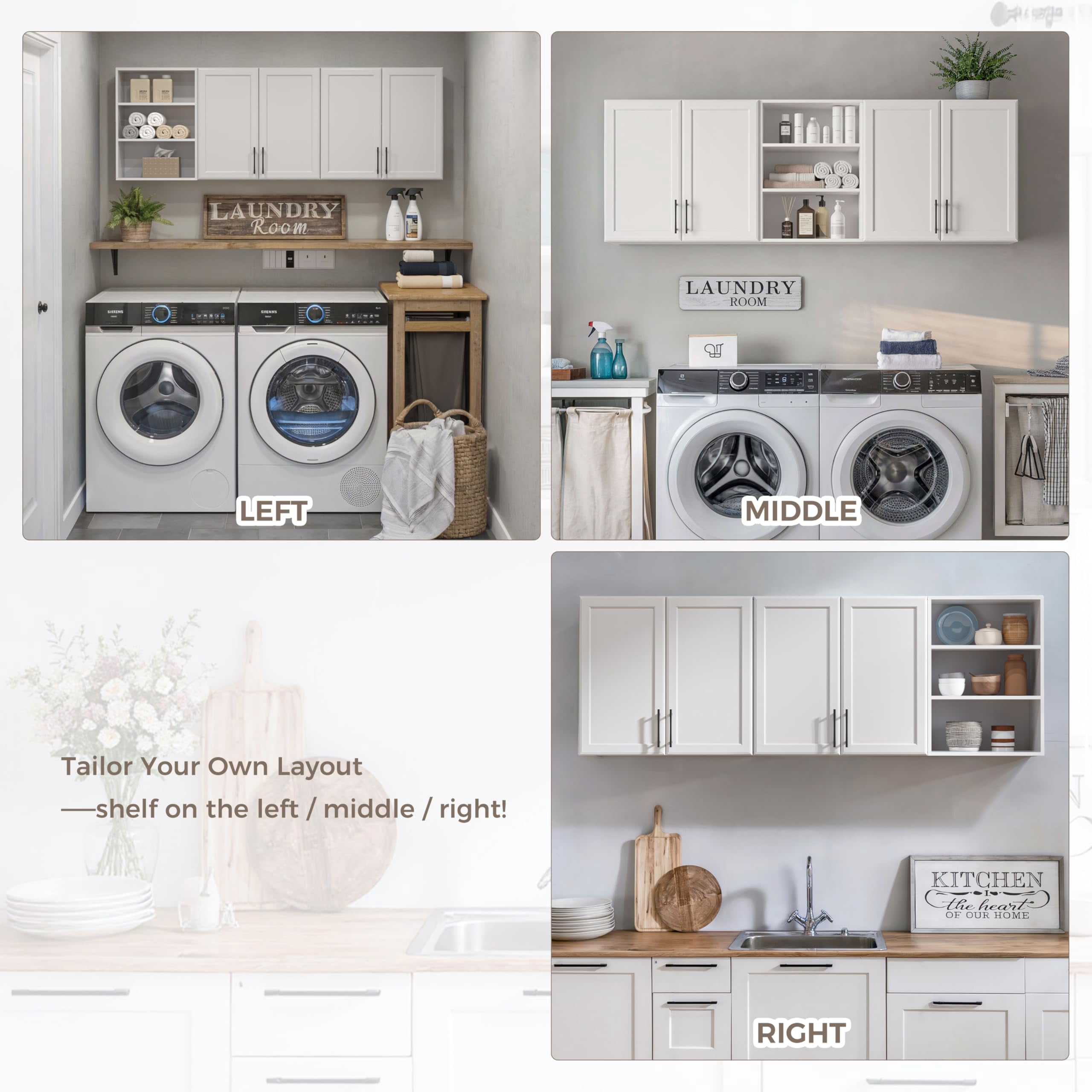 63" W Wall Cabinets for Laundry Room Set of 3, Kitchen Wall Cabinet with Adjustable Shelf, Floating Cabinet, Wall Mounted Cabinet for Laundry Room, Kitchen