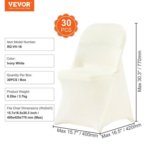 30-Pack Ivory White Stretch Chair Covers, Removable Spandex Slipcovers for Wedding, Party, Banquet, Dining & Events