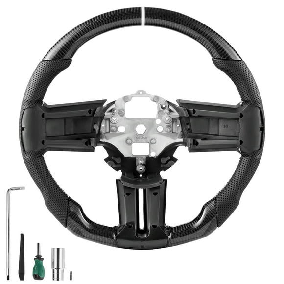VEVOR Volant pour Ford Mustang 2010-2014, Volant en Fibre de Carbone en Forme de D à Fond Plat, Prise en Cuir avec Texture Antidérapante et Coutures Précises, Accessoires de Remplacement pour Mustang, Noir
