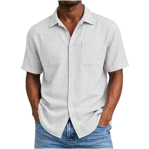 BVnarty Men's Summer Linen-Like Solid Short Sleeve Button Down Shirt Double Pocket Design Retro Casual Outdoor Vacation Fashion Top White S