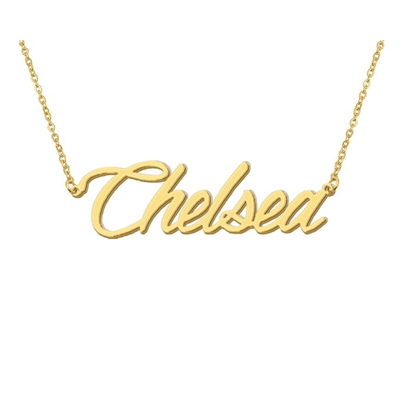HUAN XUN 18k Gold Plated Chelsea Name Necklace Stainless Steel Nameplate Necklaces for Womens Mens Mother Day Christmas Jewelry Gift