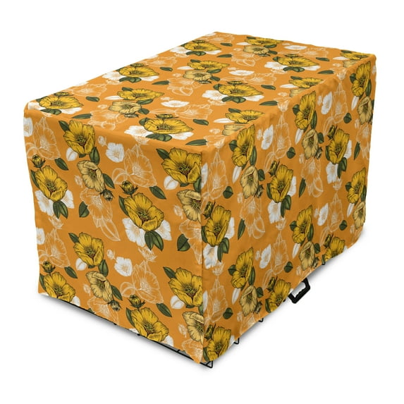 Hawaii Dog Crate Cover, Vintage Blossom Floral Illustration with Fresh Spring Flowers, Easy to Use Pet Kennel Cover Small Dogs Puppies Kittens, 7 Sizes, Marigold Army Green, by Ambesonne
