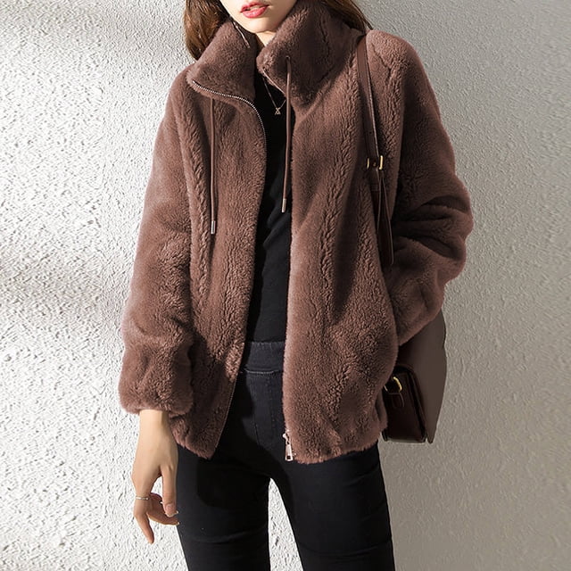 DPTALR Women's Plush And Thick Standing Collar Warm Cardigan Zipper Fleece Tops Sweater Jacket