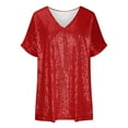 thumbnail image 3 of LYEAA Sequin Shirts for Women Plus Size Short Sleeve V Neck Solid Color Loose T-Shirts Casual Dressy Comfort Fashion Pullover Tops Red 2XL, 3 of 5