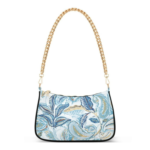 Womens Chain Shoulder Bag Retro Blue Leaf Classic Tote Handbags Fashion Clutch Hobo Purse with Zipper for Travel Casual