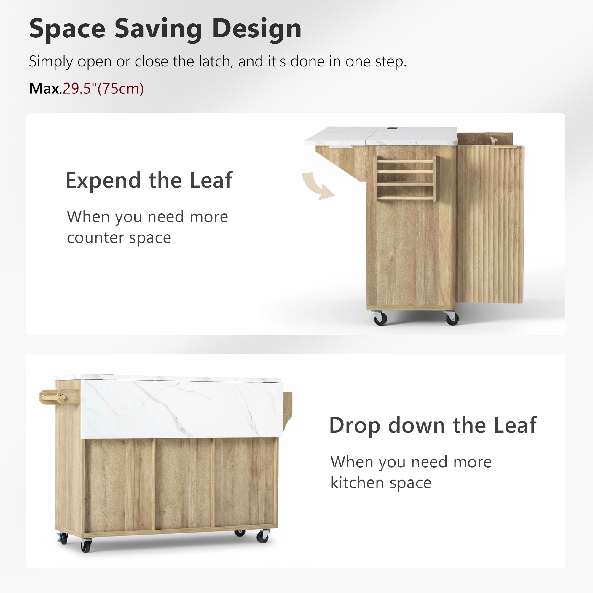 55.5" Fluted Kitchen Island with Drop Leaf, Power Outlet, Storage-6 Door Shelves, Adjustable Shelves, Faux Marble Top, Curved Edge for Dining Room