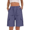 thumbnail image 2 of Women Wide Leg Shorts Loose Knee‑Length Linen Button Fly Multi‑Pocket Hiking Shorts Navy, 2 of 5