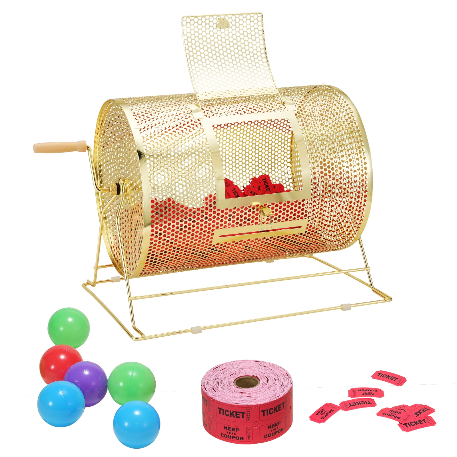 KFFKFF Raffle Drum, Accommodates 5000 Tickets or 200 Table Tennis Balls, Metallic Sweepstakes Rotating Draw with Timber Spin Handle,16.1 x Ø12 inch