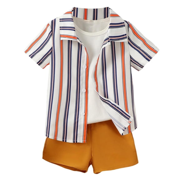 JAJAHO Boys Summer Outfits 2 Piece Set For Boy Short Sleeve Striped Button Up Shirt And Casual Shorts Matching Set For Kids 2-7Y Trendy Outfit