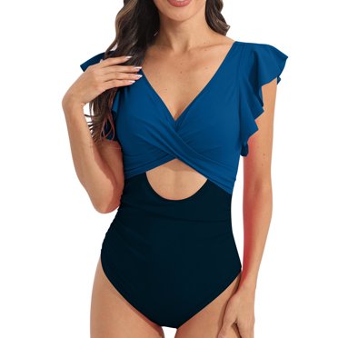 Penkiiy Maillot de Bain une Pièce pour Femmes, Découpe à Volants, Contrôle du Ventre, Col en V, TG Bleu Foncé
