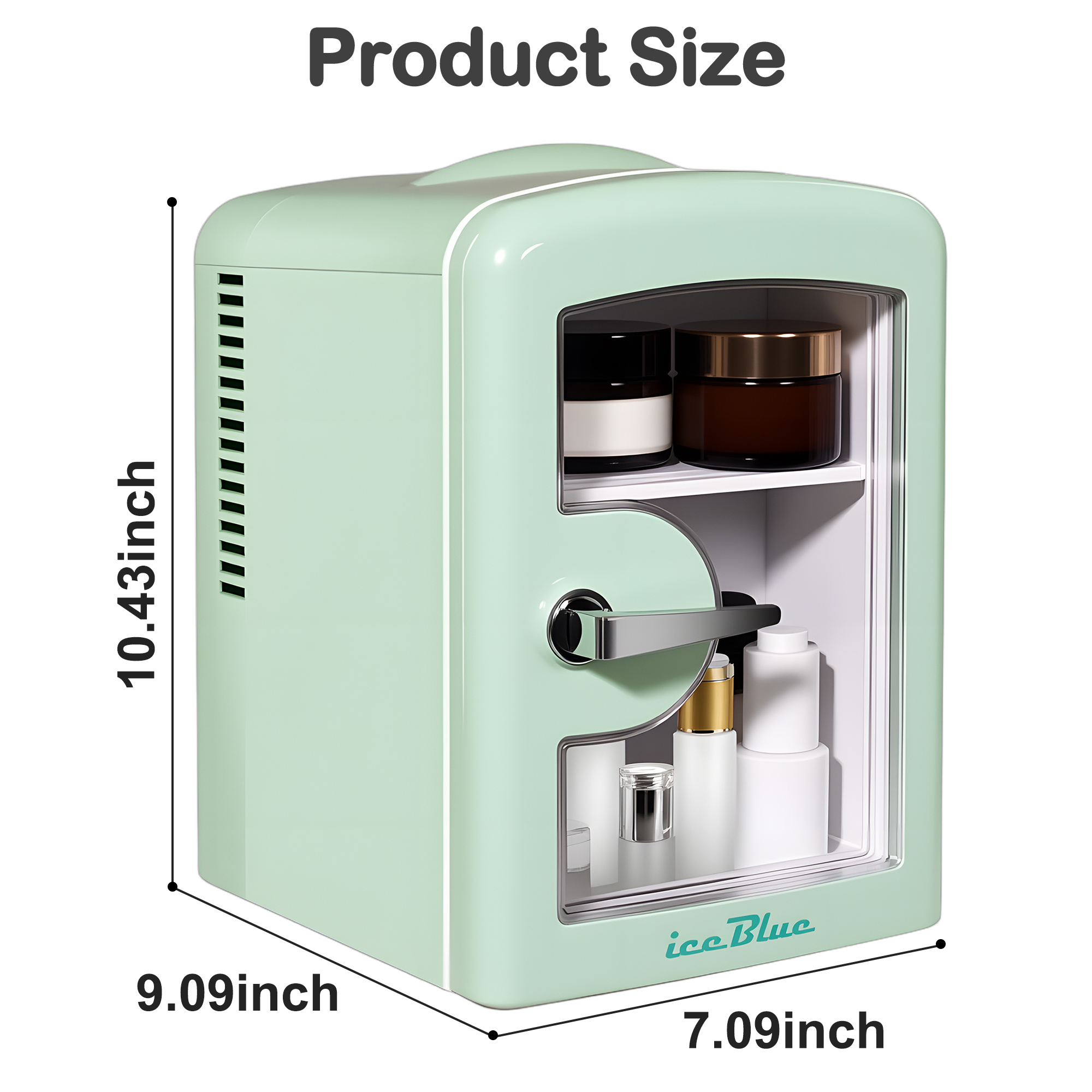 iceBlue 4L Makeup Refrigerator,  Mini Fridge for Cosmetics and Drinks, Car/Home Use (Green), Transparent Window and Chrome Handle