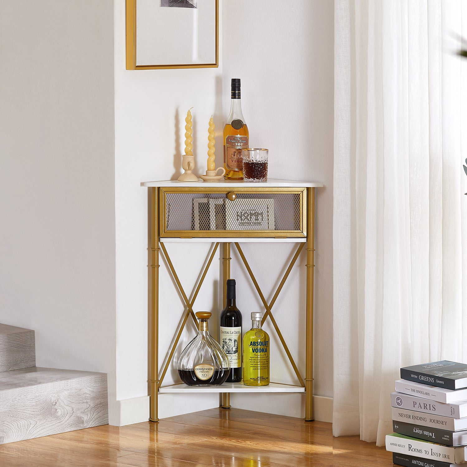 VECELO Corner Storage Cabinet with Flip Drawer and Shelf, Triangle X-Shaped  Freestanding Floor Cabinet, White + Gold Frame 