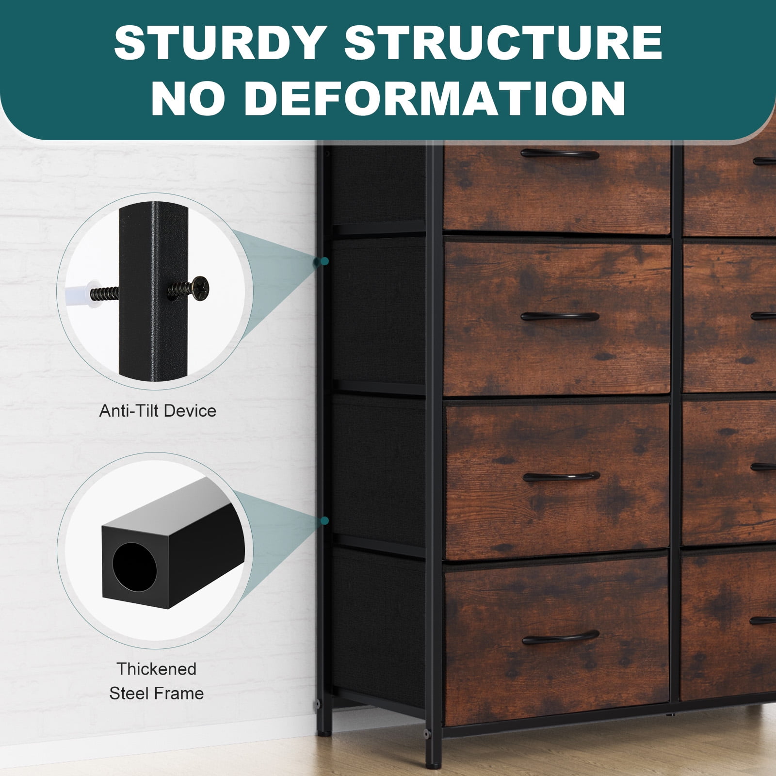 JIOABL 8 Drawer Chest Organizer with Fabric Bins, Dresser for Bedroom, Tall Steel Frame, Rustic Brown