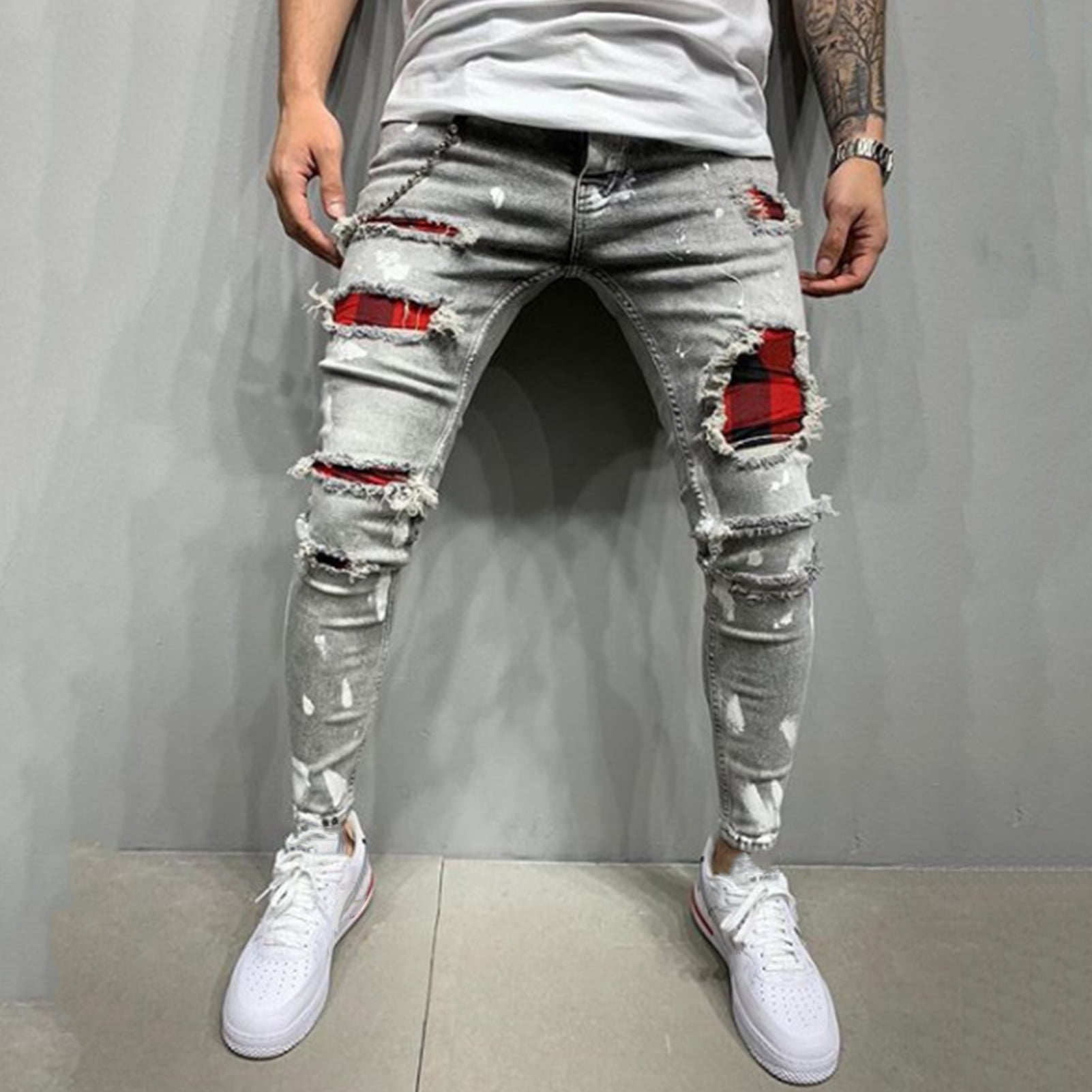 Huasheng Fashion Men Solid Color Patchwork Skinny Fit Ripped Jeans Stretch Denim Pants M - Walmart.com