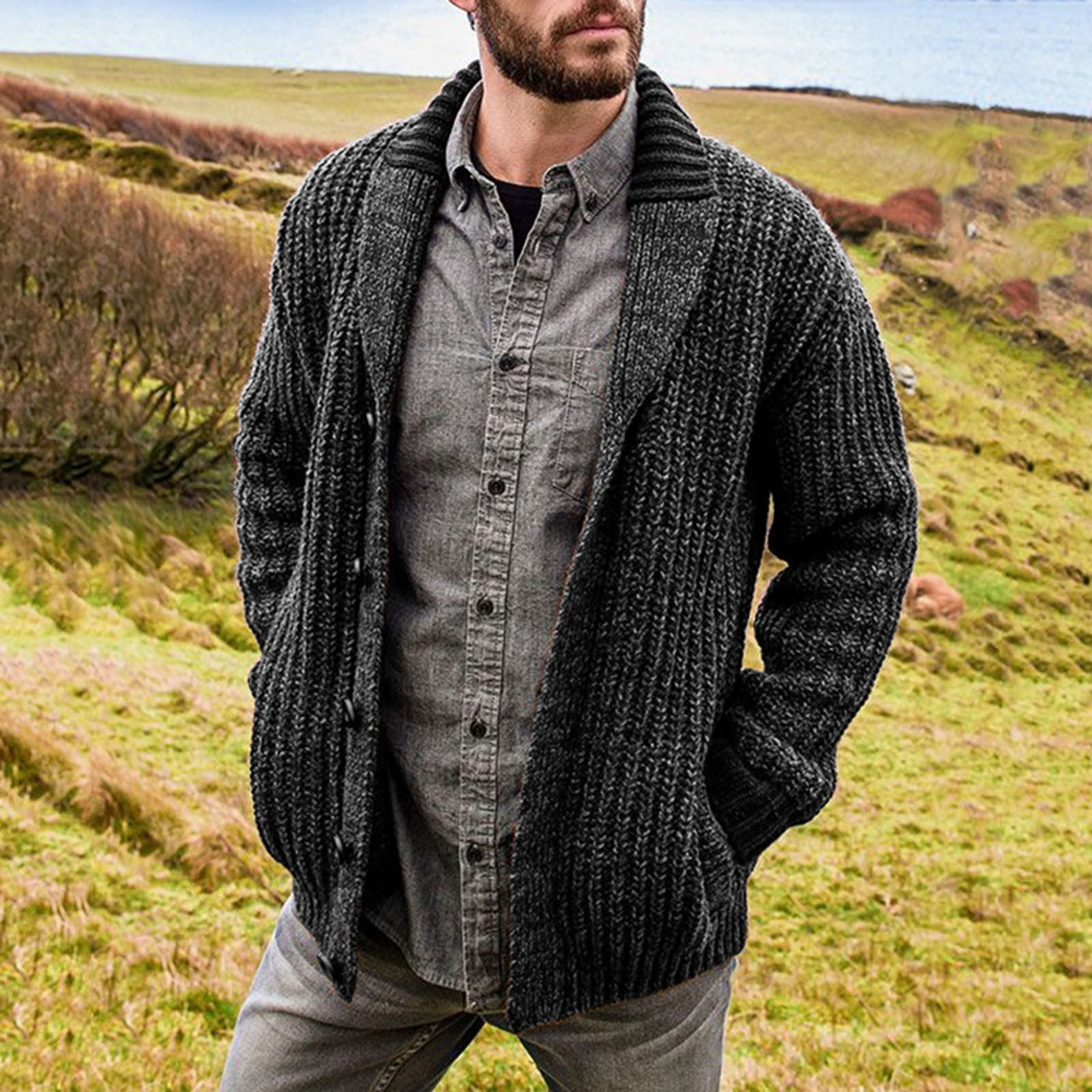 Grey Mens Cable Knit Cardigan Sweater Shawl Collar Loose Fit Long Sleeve  Casual Cardigans 