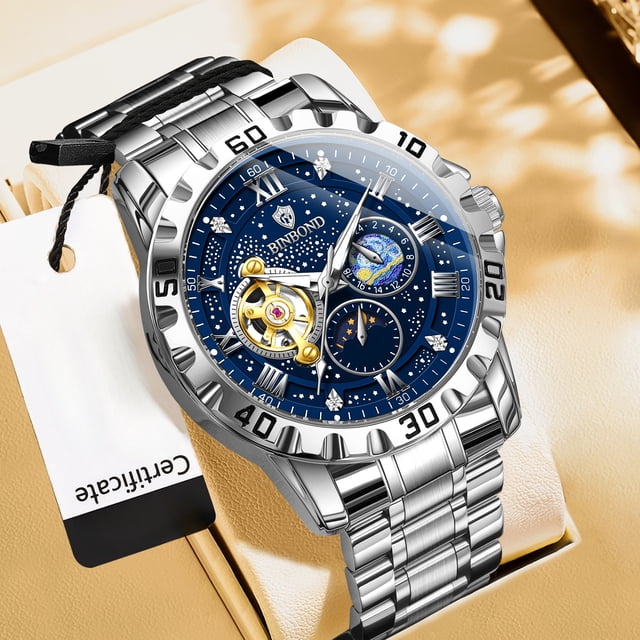 Reloj Mecánico para Hombre con Cielo Estrellado, Correa de Acero Bicolor Impermeable de 30 M con Fases Lunares Luminosas