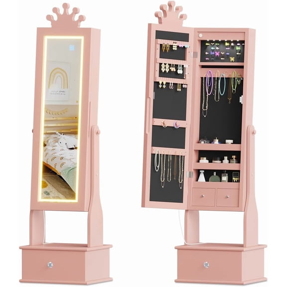 Garvee Kids Jewelry Armoire, Child Jewelry Cabinet with Led Light, 3 Storage Drawers, Girls Vanity Dress Up Jewelry Cabinet with Full-Length Mirror, , Light Pink