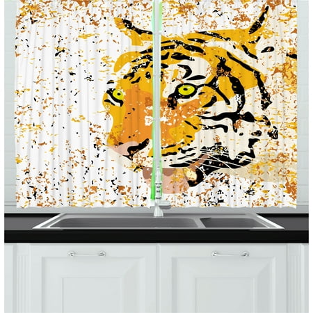 - Animal Curtains 2 Panels Set, Wildlife Theme Vector Illustration of a Tiger Portrait Grunge Style Illustration Print, Window Drapes for Living Room Bedroom, 55W X 39L Inches, Orange, by Ambesonne