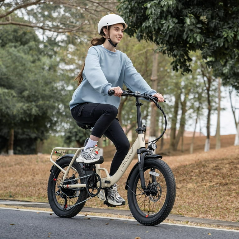 Off White Electric Bike 20 Fat Tire Step Thru Electric Bicycle 900W Peak Motor 45 Miles 20MPH Top Speed Dual Suspension 7 Speed Folding Ebike