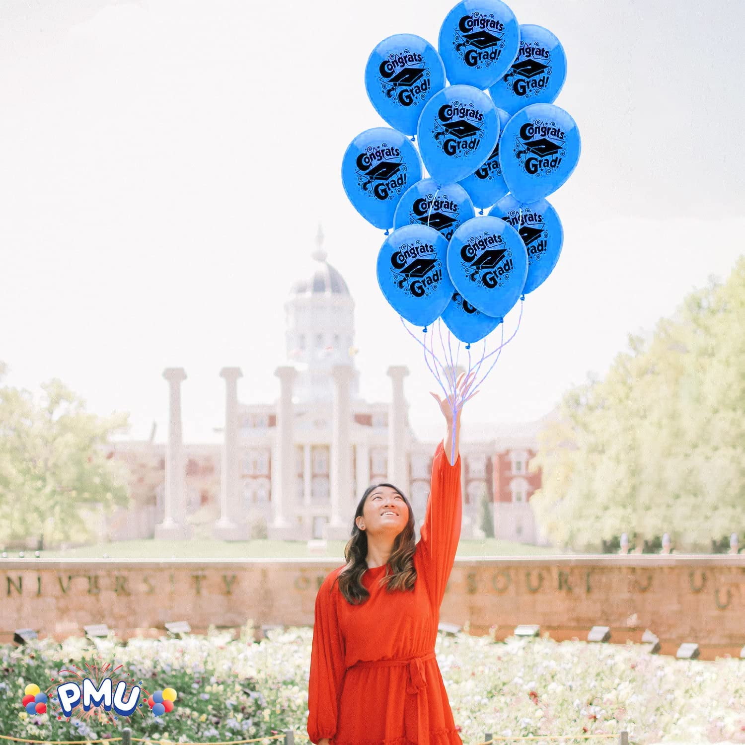 PMU 50 Pcs Graduation Balloons PartyTex 11 inch Premium Blue with All-Over Print White Grad Caps-Confetti and Streamers Graduation Party Decorations