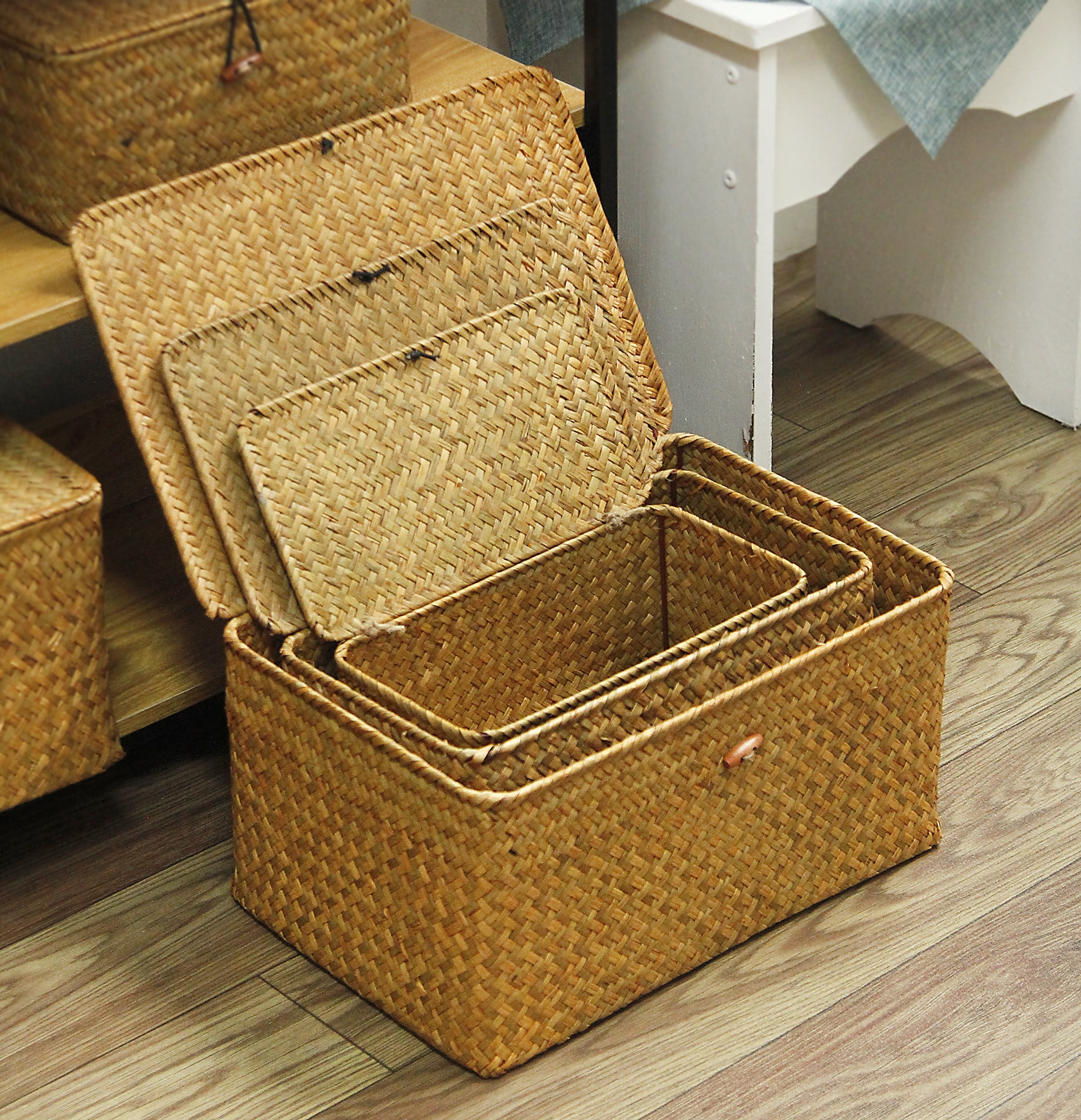 BlueMake Wicker Seagrass Baskets with Lids Set of 3 for Home Decor Rectangular Storage Baskets