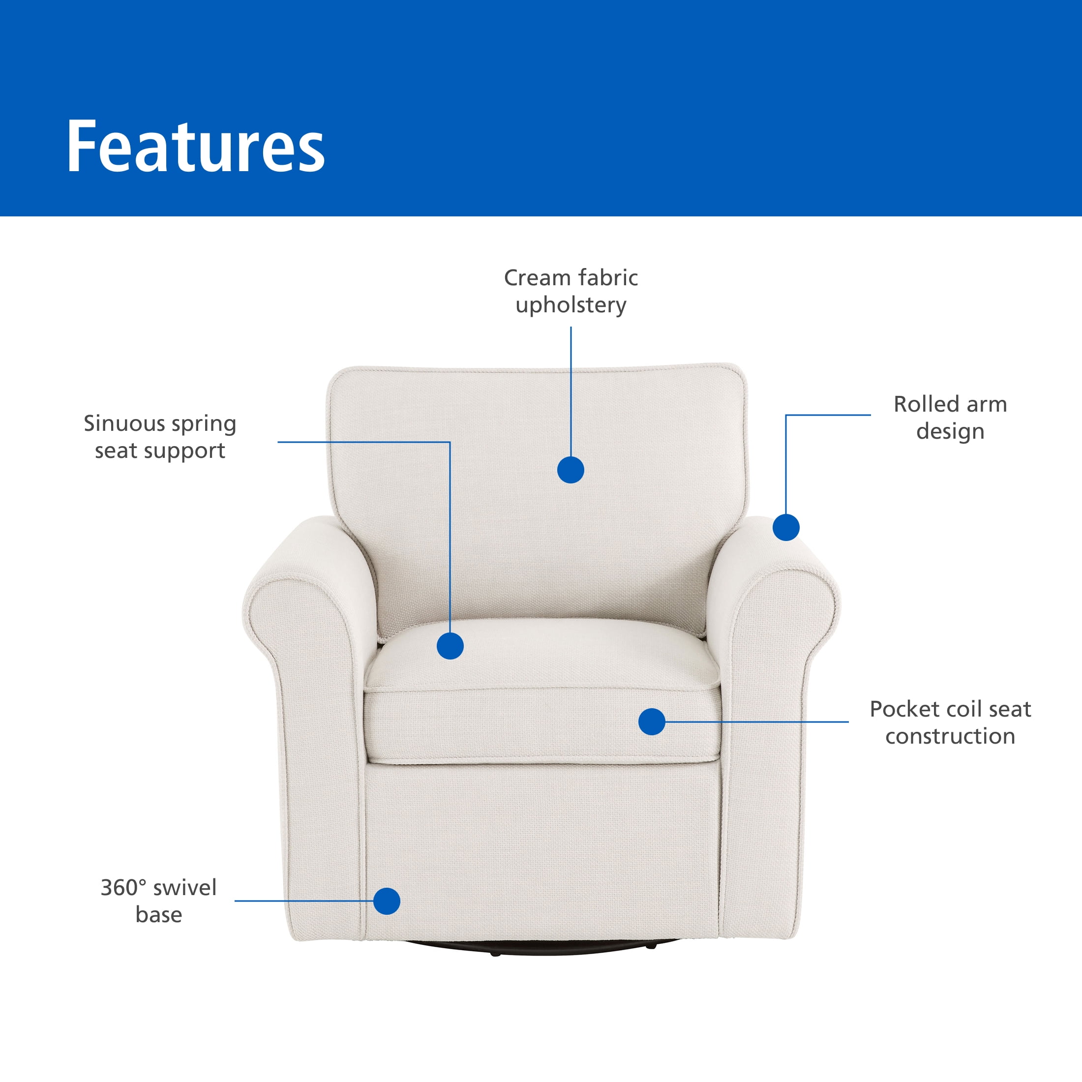Mainstays Swivel Accent Chair with Rolled Arms, Cream Fabric Upholstery