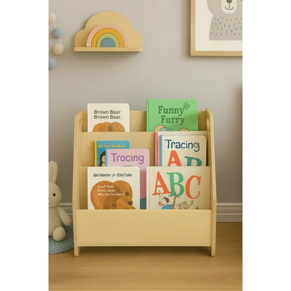 Montessori Wooden Bookshelf for Kids | Wooden Montessori Book Storage Rack | Nursery Room Furniture & Organizer
