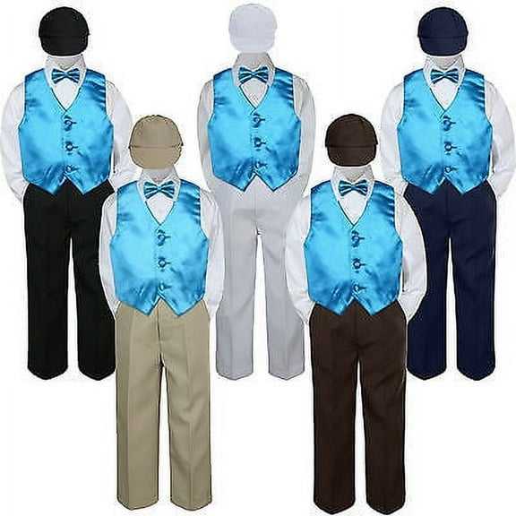 5pc Boy Suit Set Turquoise Vest Bow Tie Baby Toddler Kid Formal Hat Pants S-7