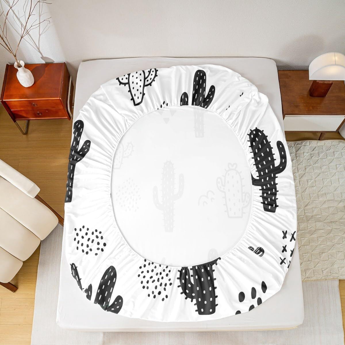 Cactus Bed Sheet Set Full Size,Cartoon Desert Plants Fitted Sheet 3pcs,Kids Boys Girls Bedroom Decor Black White Bedding Set Abstract Geometric Dot Hand Draw Bed Cover with 2 Pillowcases